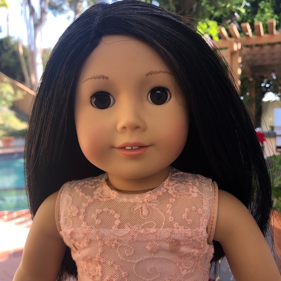 American Girl Doll with peach lace dress  and sandals - Picture 2 of 9